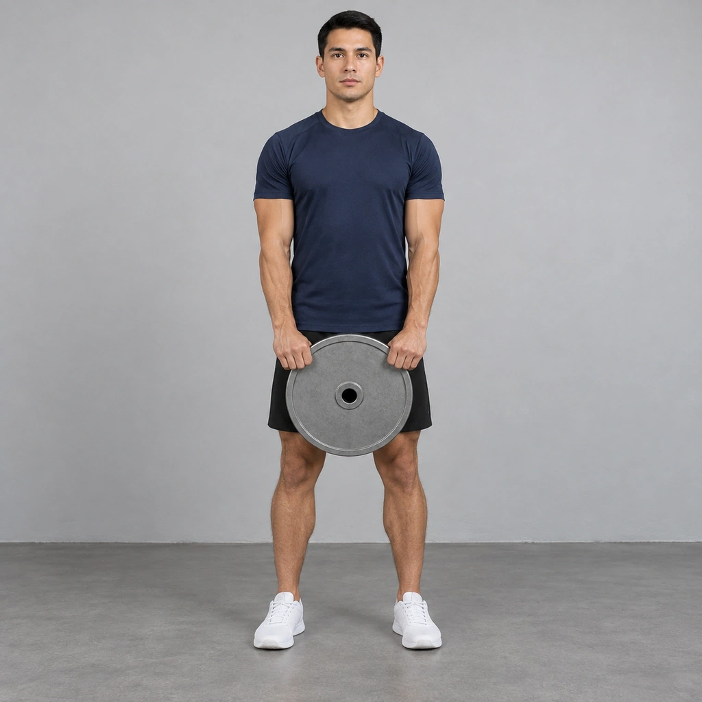 A man standing, holding a round weight plate in both hands near his groin, arms fully extended.