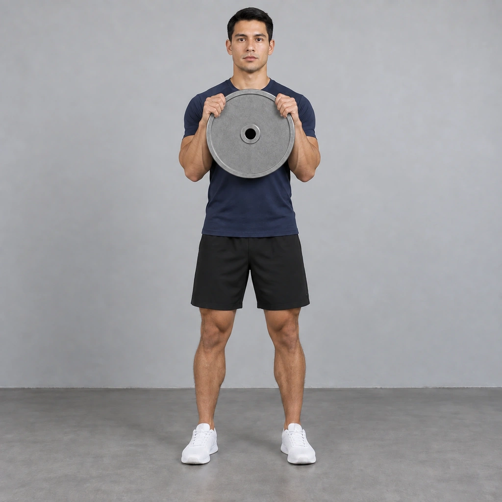 The same man, now lifting the plate up his torso until his biceps and forearms touch.