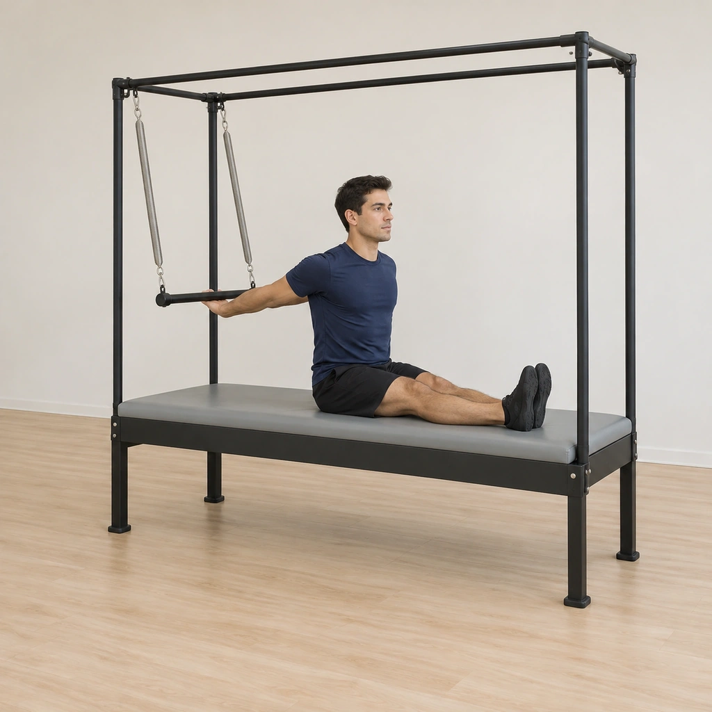 He sits tall on the table top with his back to the sprung push-thru bar, both arms reached behind him with his hands holding the bar, his legs extended long and hugged together in front.