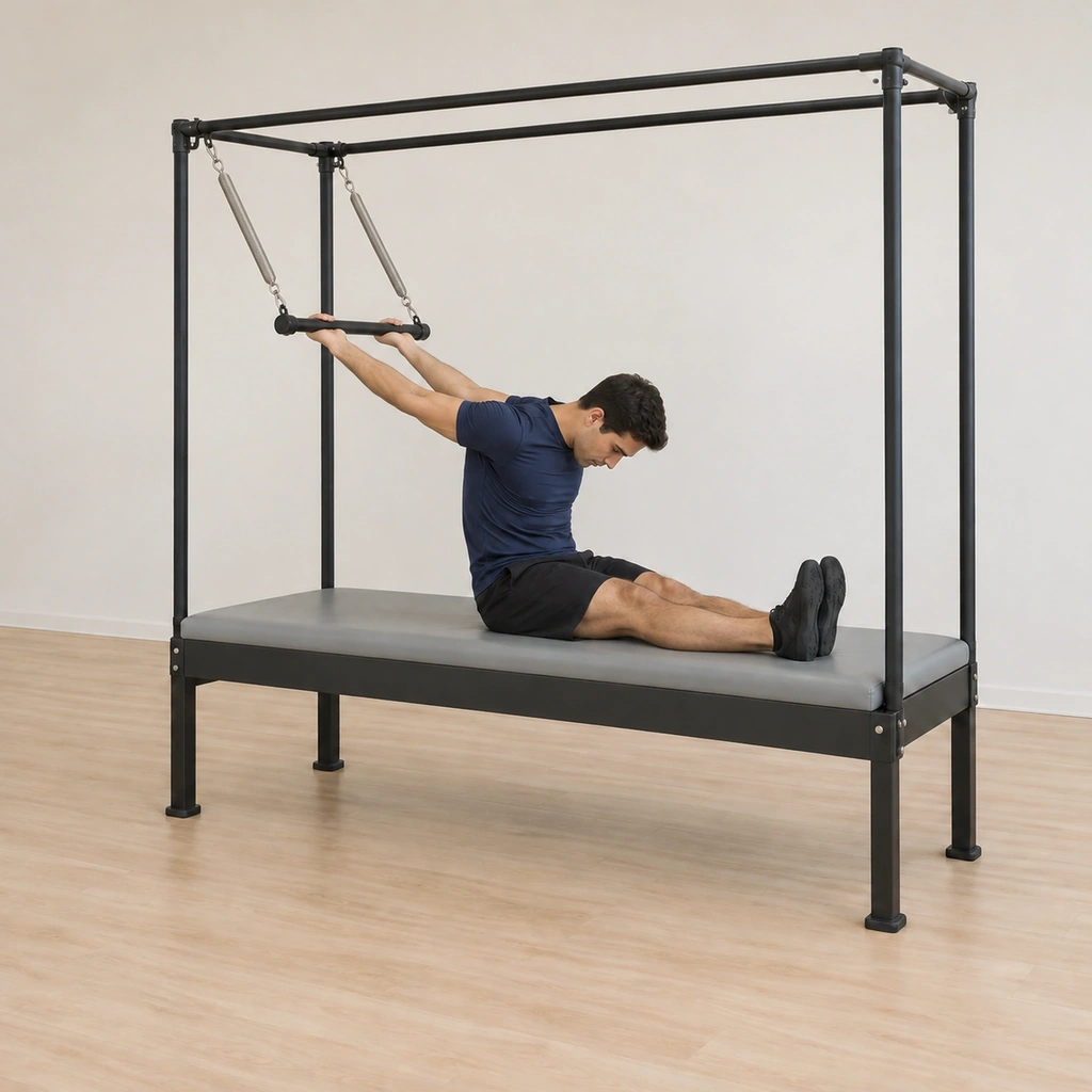 His spine rounds forward over his hugged legs as his arms reach the push-thru bar upward behind him, the bar lifted part-way against the spring under his control.