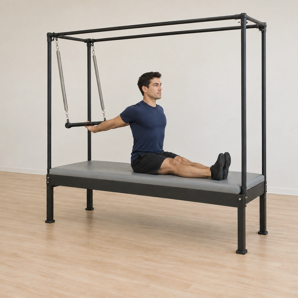 He sits tall again with the bar lowered back under control, his spine lengthened upright while his hands keep their hold behind him preparing the next repetition.