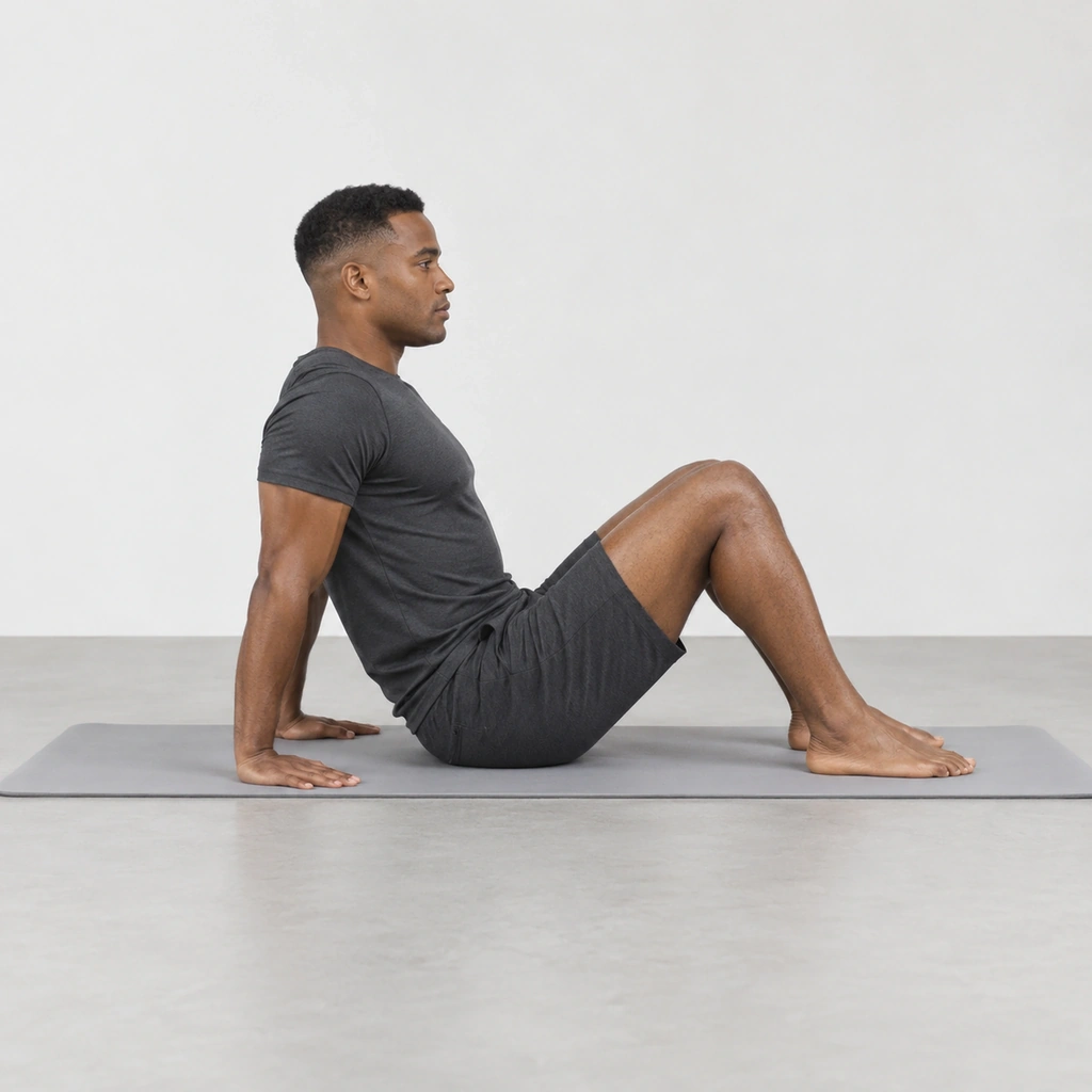 Man sitting on a mat with his knees bent, feet flat and palms flat on the mat behind his hips.