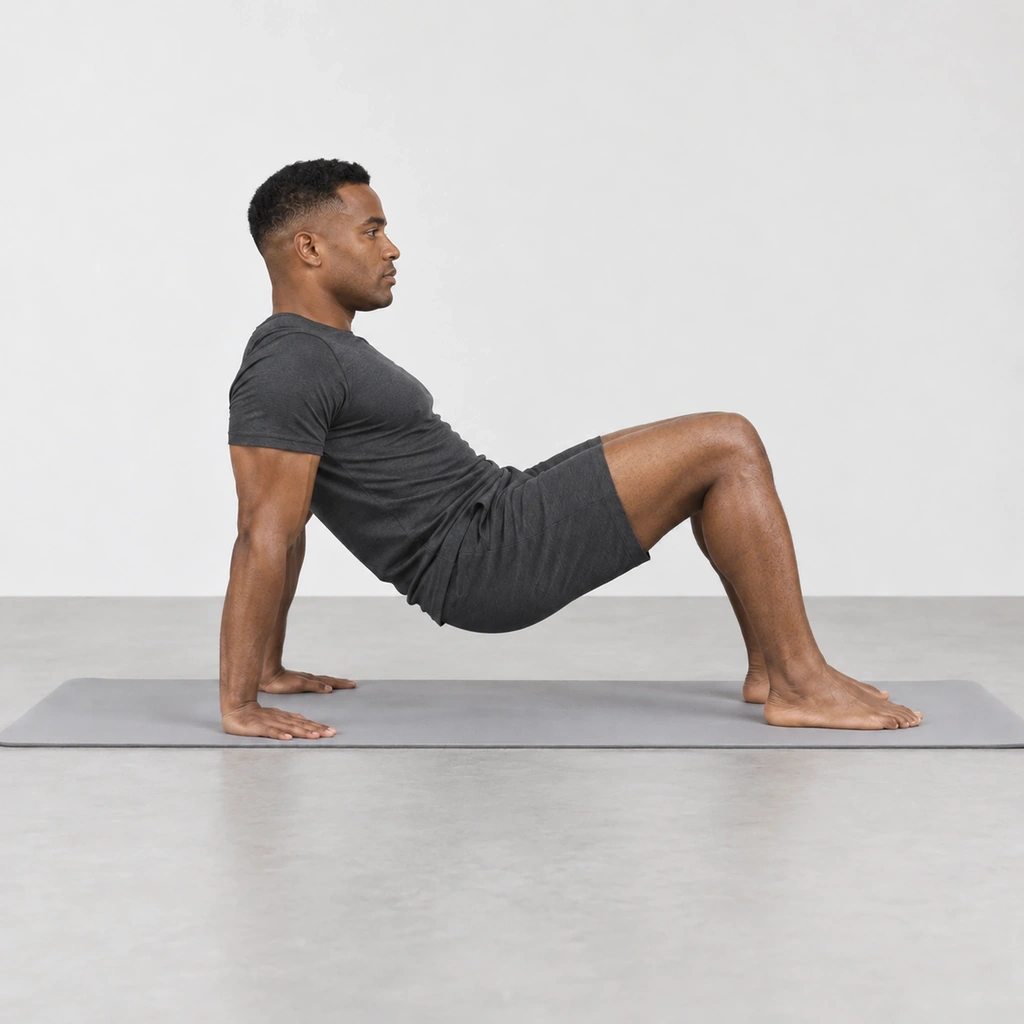 Man on a mat with his hips lifted partway, his palms flat behind him and his feet flat.