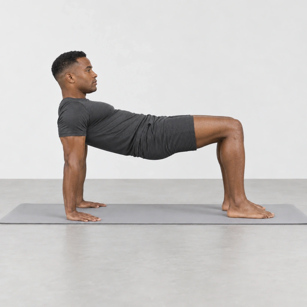 Man holding a reverse tabletop on a mat with his trunk and thighs level and his arms straight.
