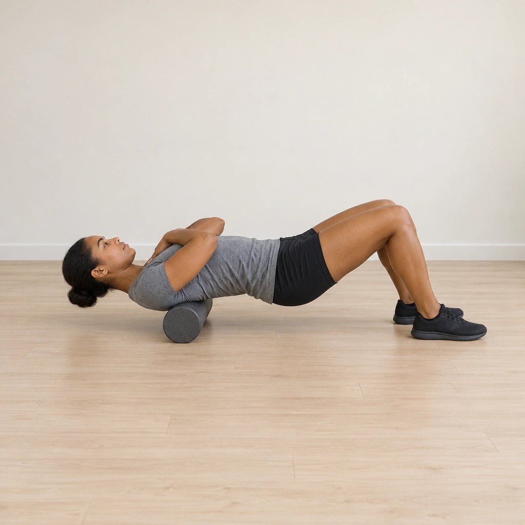 She lies supine on the floor, knees bent and feet flat, the foam roller under her upper back; her arms are crossed over her chest drawing the shoulder blades apart.