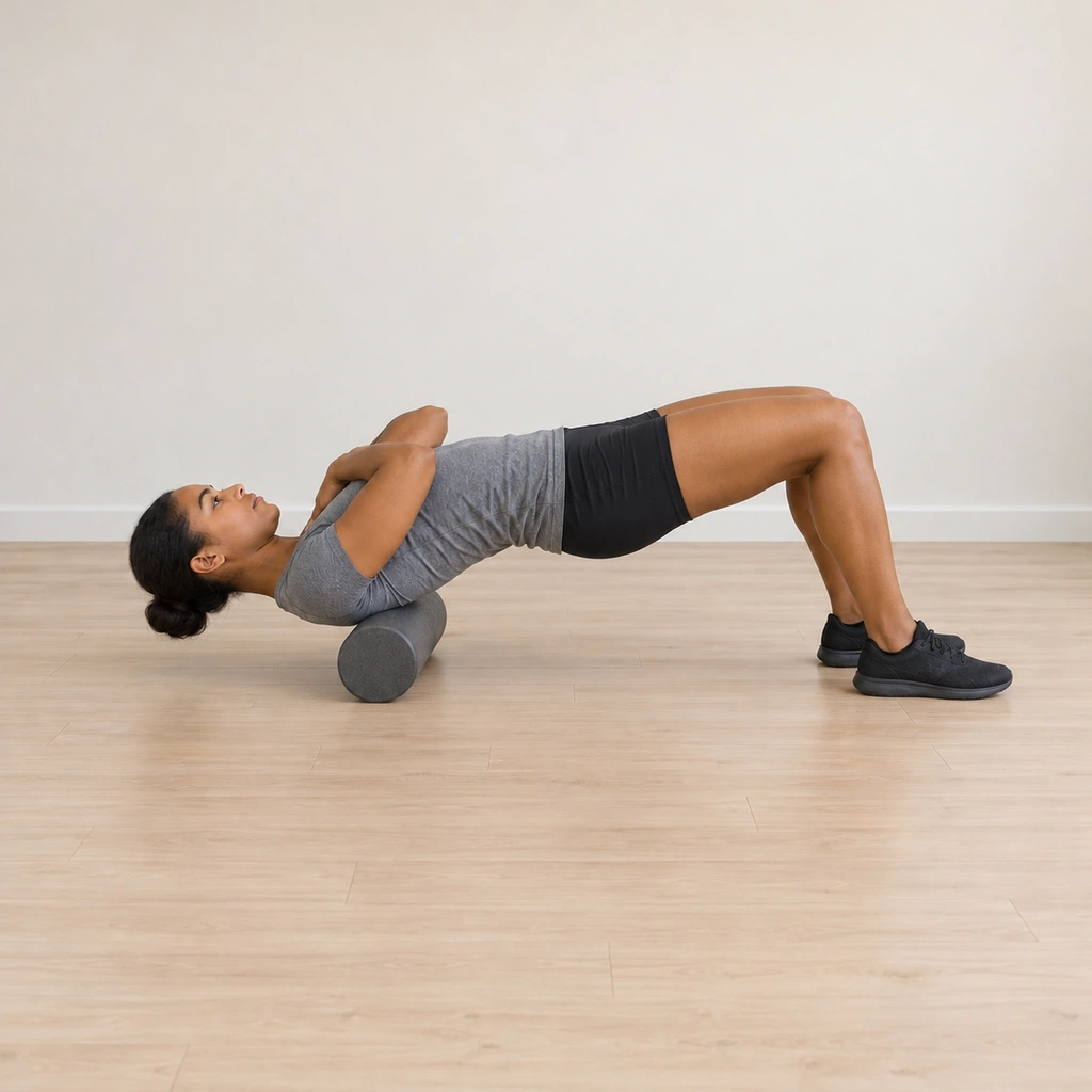 Her hips are lifted off the floor so her weight presses her upper back down onto the roller; her feet stay flat on the floor and her arms stay crossed.