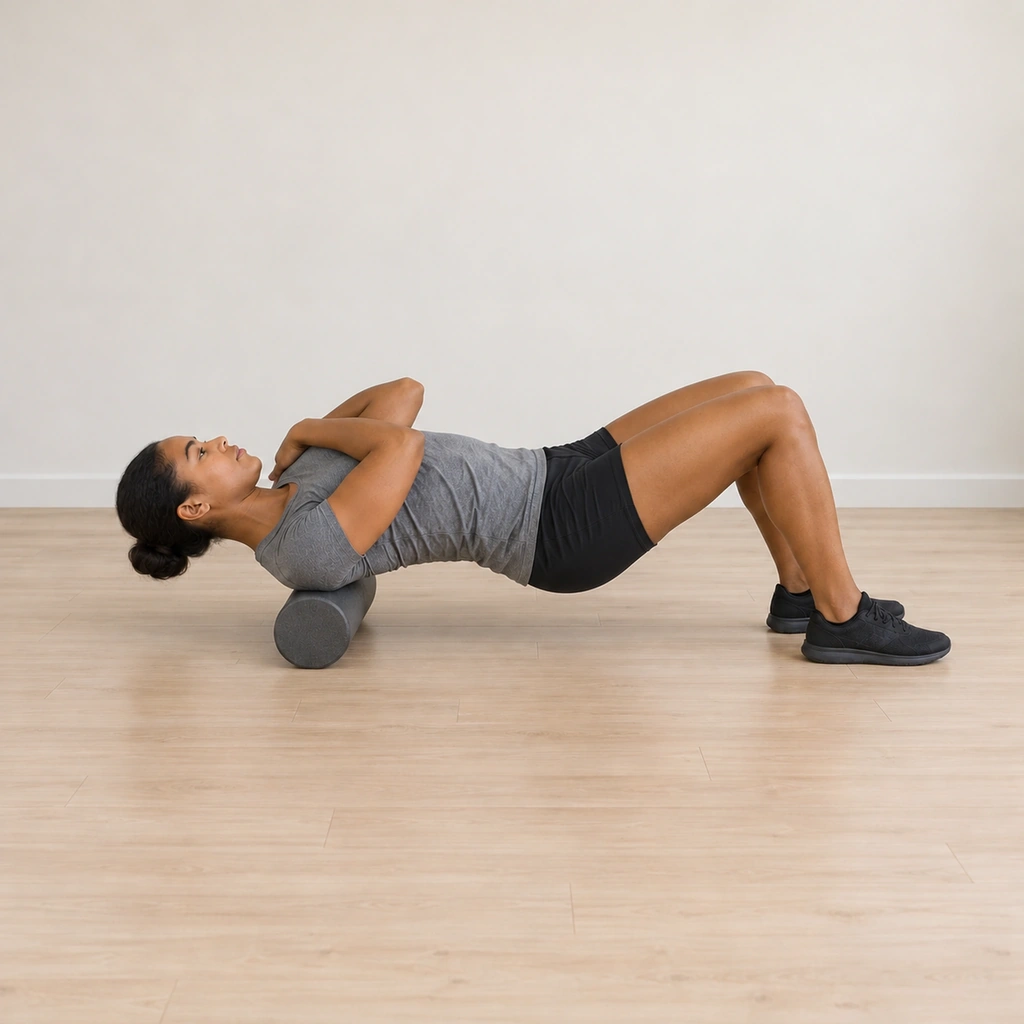 Her hips stay raised as she shifts her weight toward her right side, the roller pressing the right side of her middle and upper back.