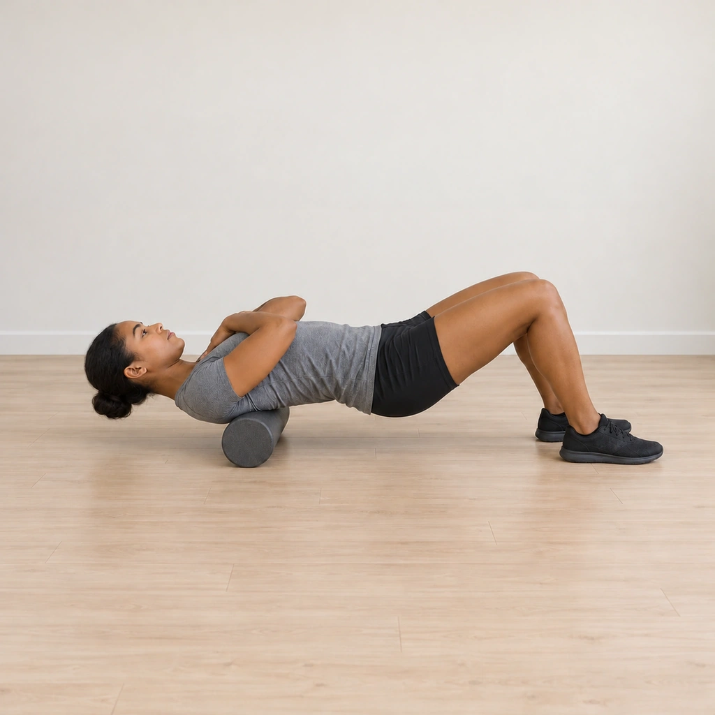 She holds the raised-hip pose still with the roller paused on a tension point in the right side of her upper back, arms still crossed.