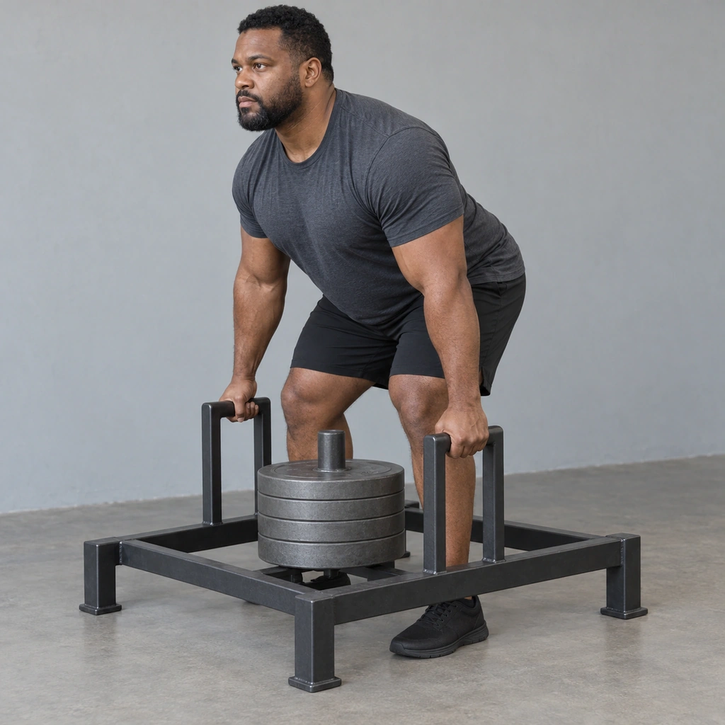 A man standing inside a loaded steel carrying frame, hips hinged back, gripping its two handles.