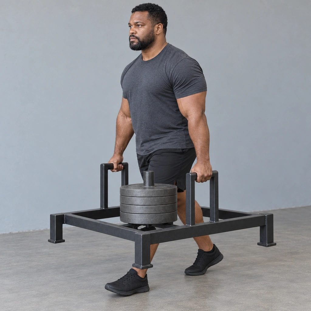 The same man mid-stride, standing tall, carrying the loaded frame forward with all four of its legs off the floor.