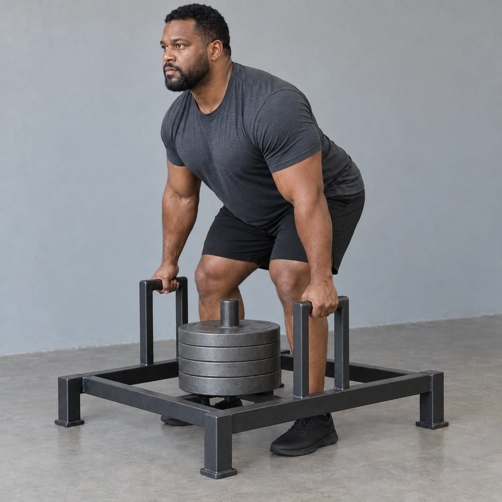 The same man at the end point, hips hinged, lowering the loaded frame's legs back down onto the floor.