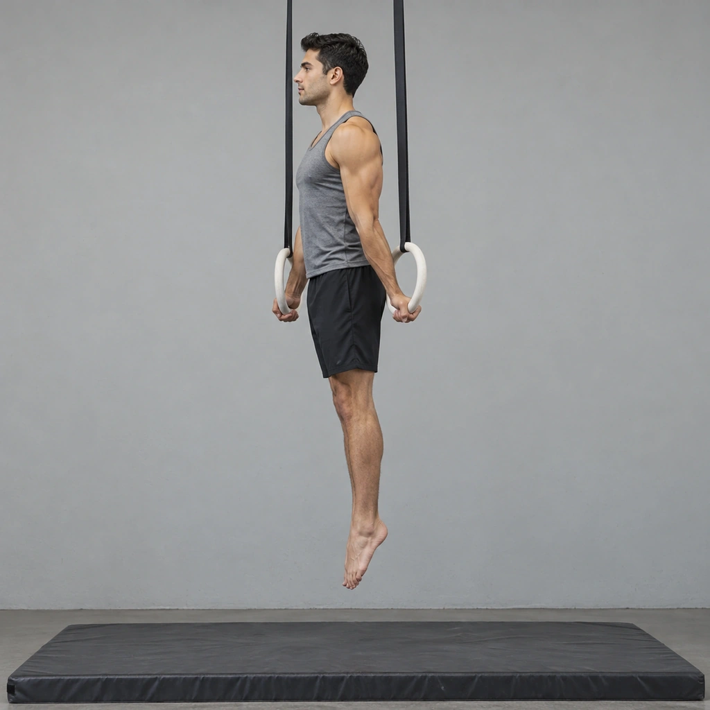 A man suspended above the floor on two gymnastic rings, arms straight, shoulders pulled down, rings turned outward.