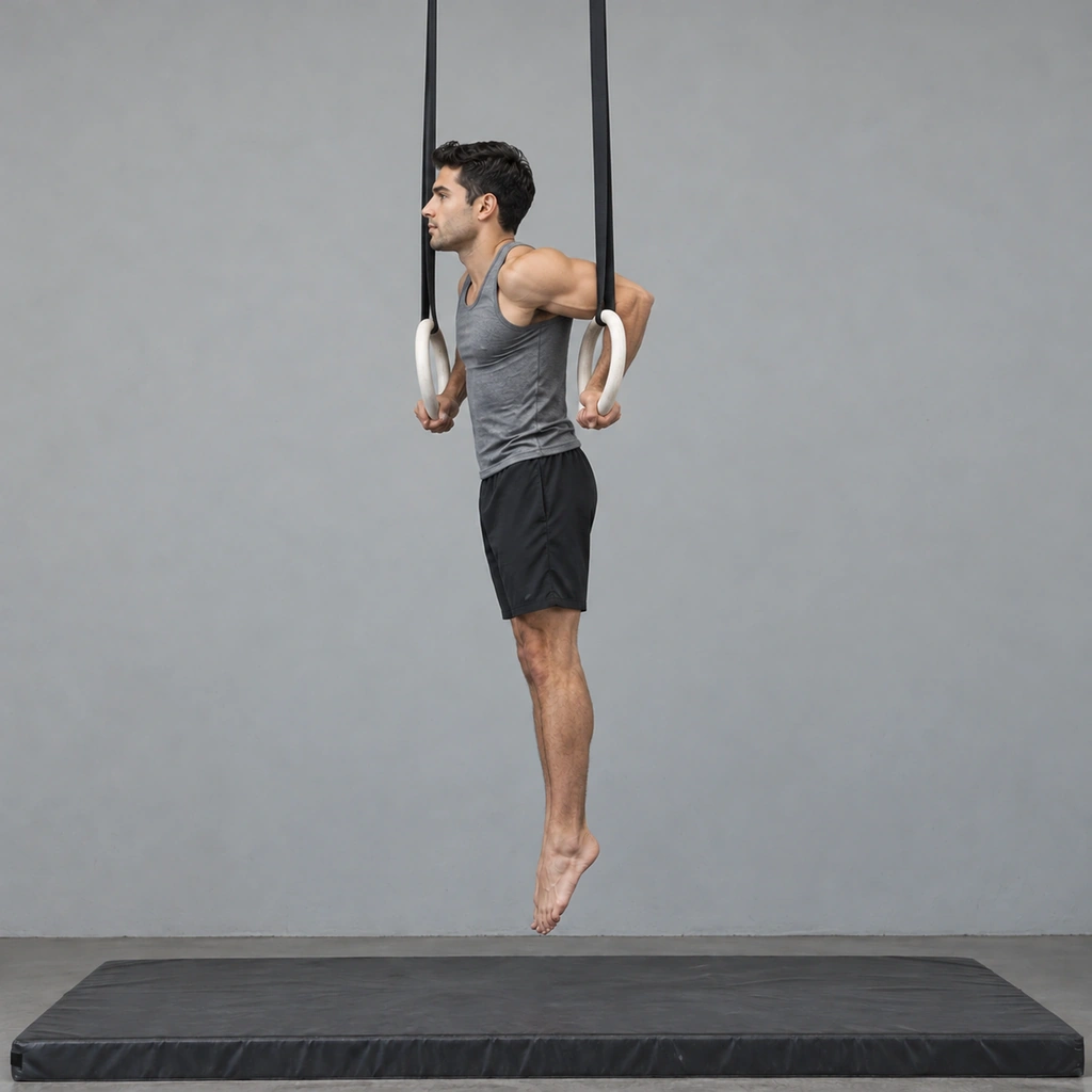 The same man, now with elbows bent, shoulders lowered close to the two rings, bodyline still straight.