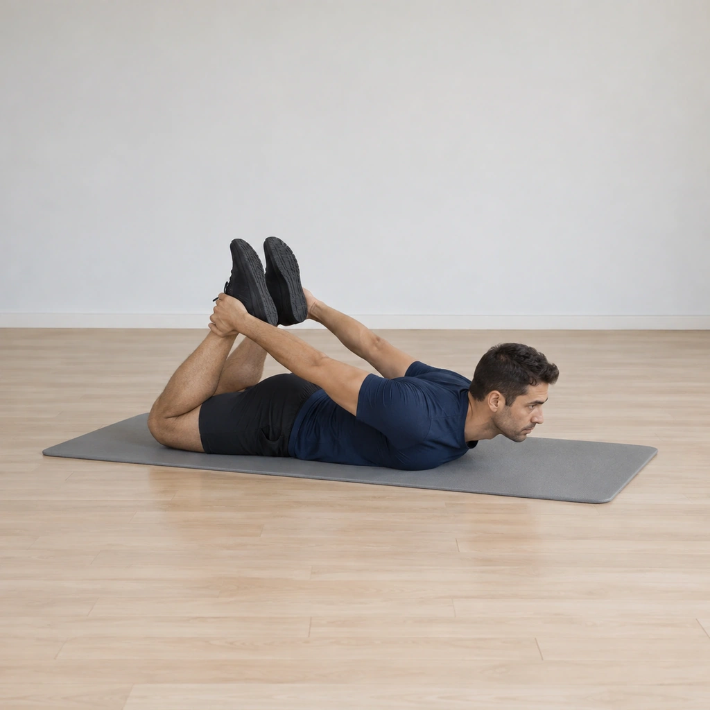 He lies prone on the mat, his knees bent, his arms reached back with both hands gripping his feet, his chest resting low.