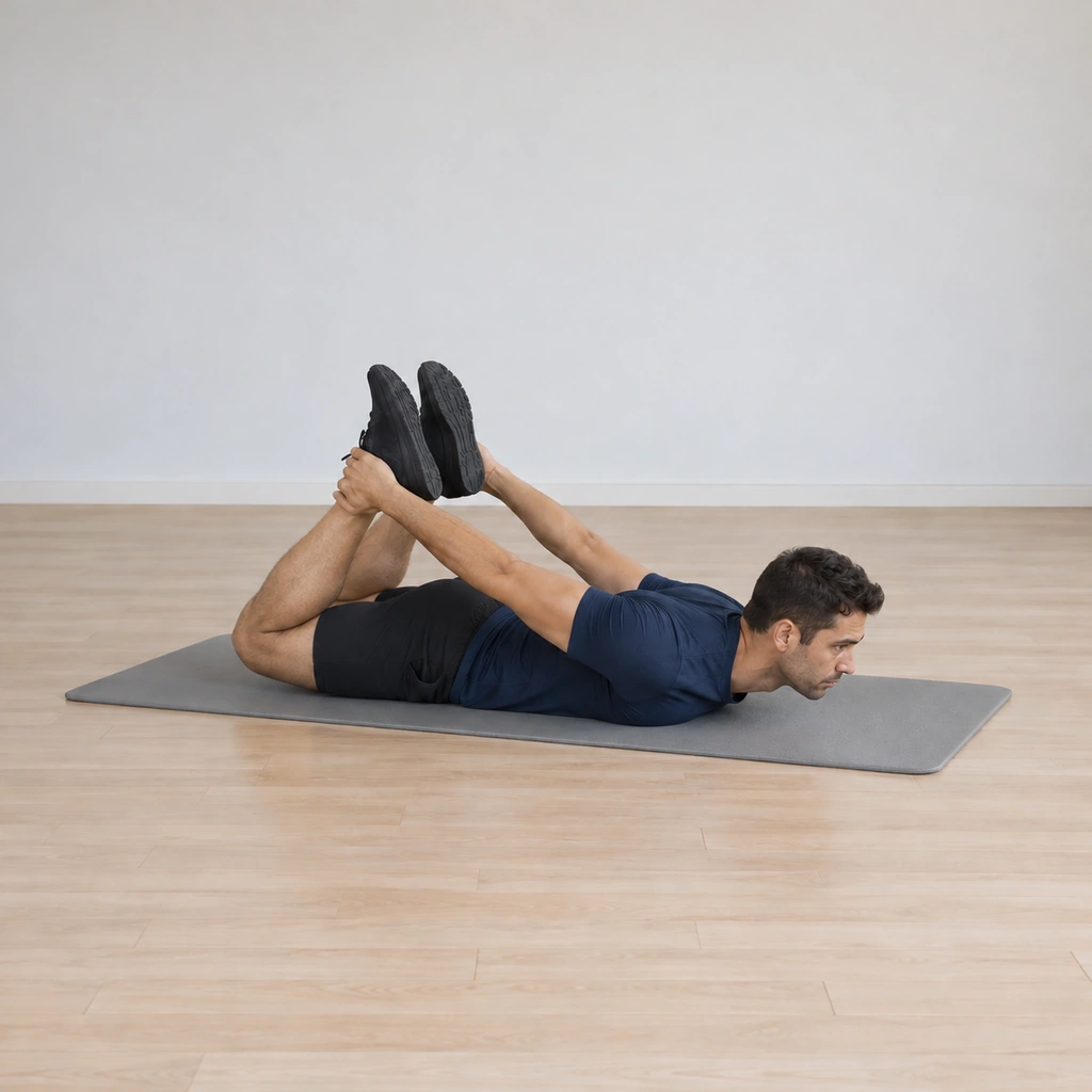 His chest is lowered as he pulls on his feet with both hands, his upper back engaged and the fronts of his thighs opening, his legs still bent.