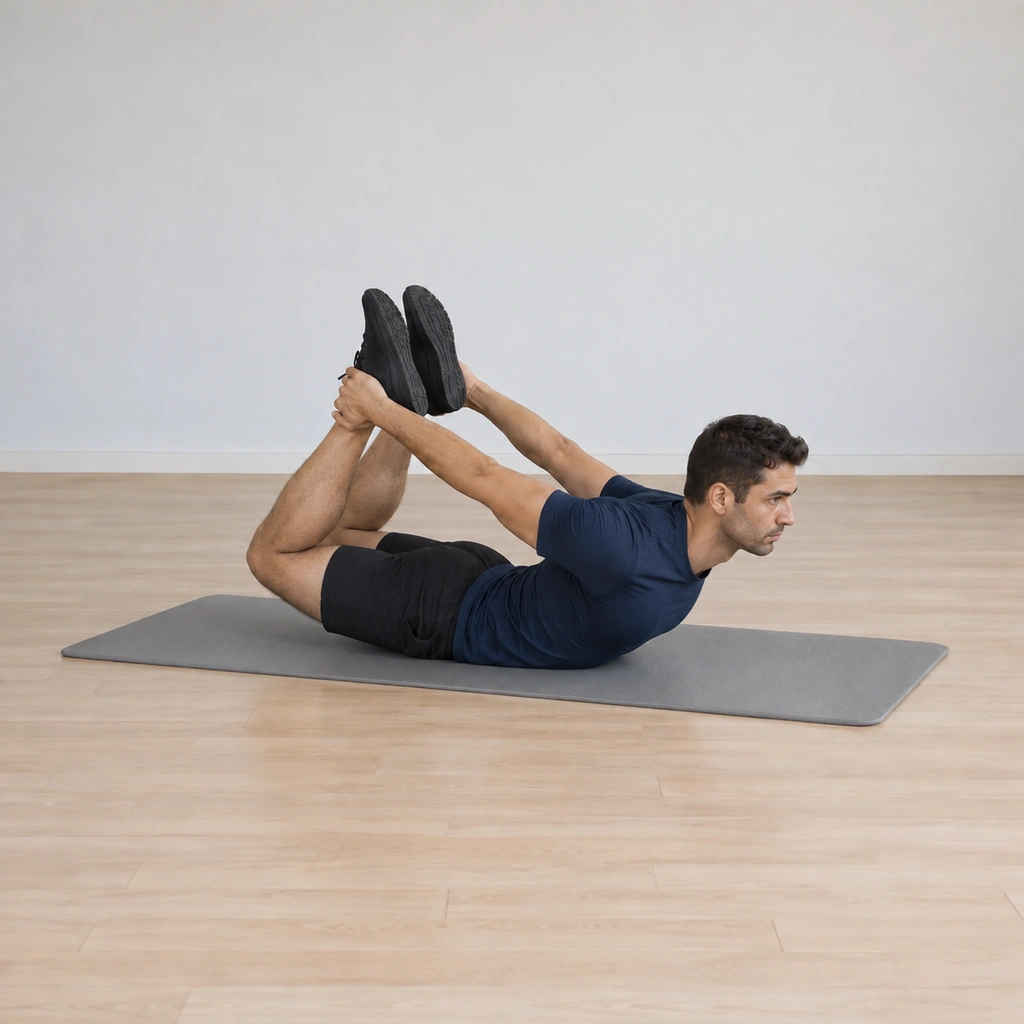 His feet press into his hands so his legs lift his chest off the mat, his trunk arched up and reaching forward, his thighs light on the mat.