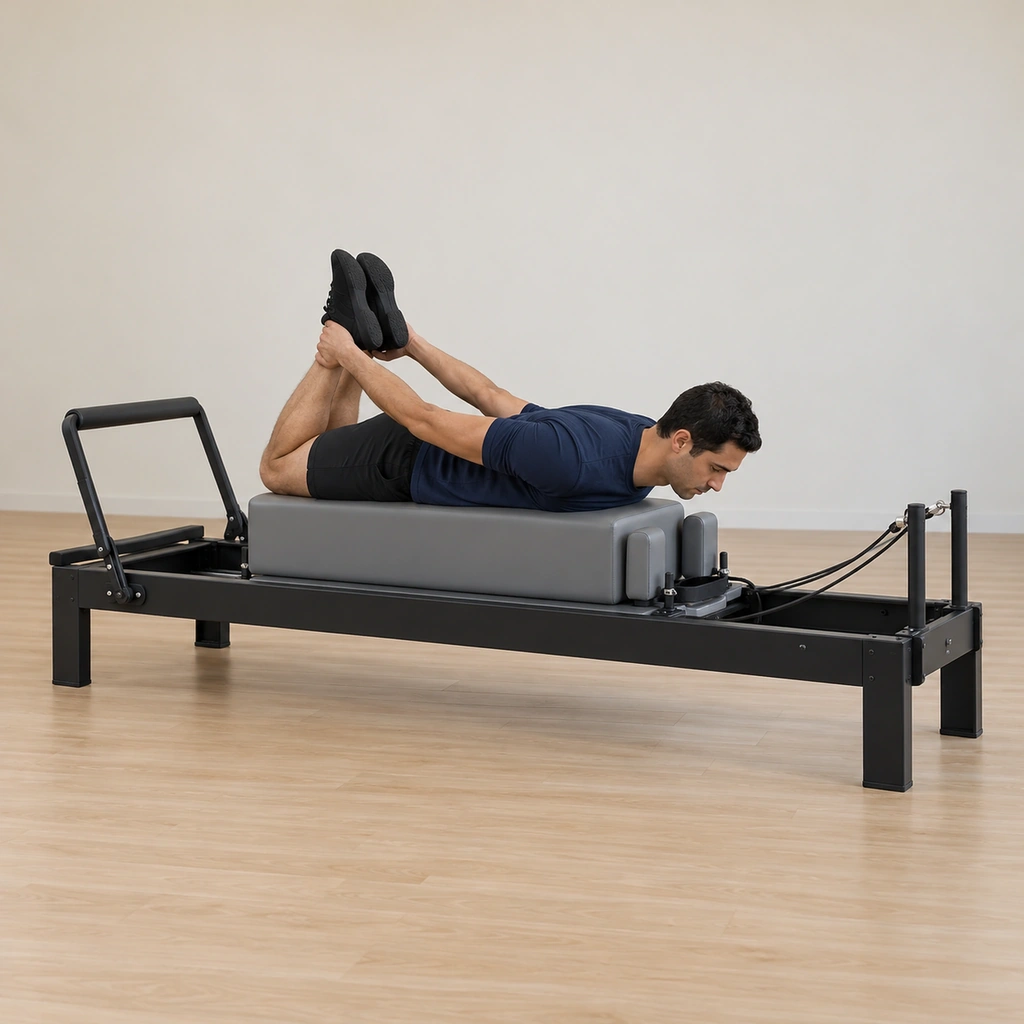 He lies prone on the long box with his knees bent up and his hands gripping his feet behind him, his knees squeezed together, his chest in line with the box and his tailbone long.