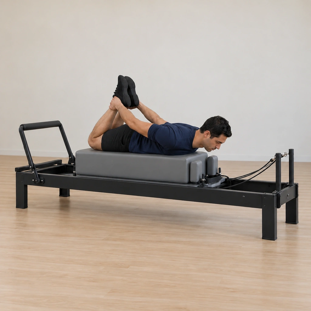 His heels have drawn toward his seat under the held grip, his upper back working the pull, his knees still squeezed and his chest in line with the box.