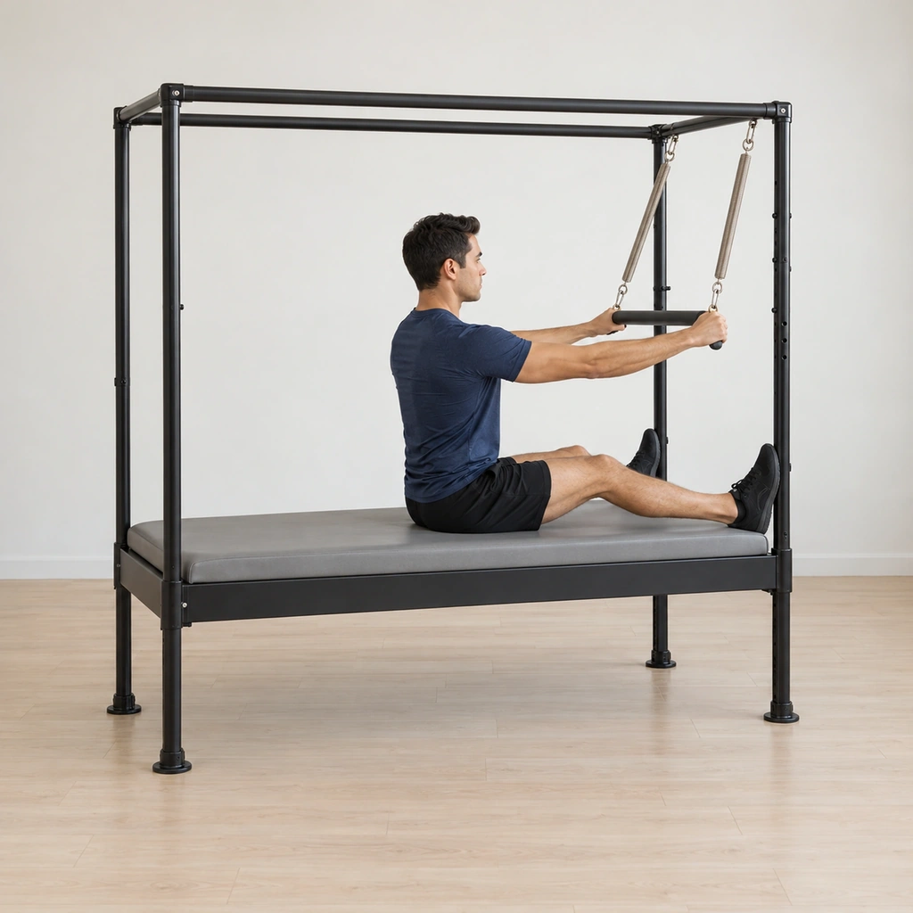 He sits tall on the cadillac table facing the roll-back bar, one foot pressing each vertical pole with the knees slightly bent, his hands holding the bar wide with thumbs wrapped and his shoulders stacked over his hips.