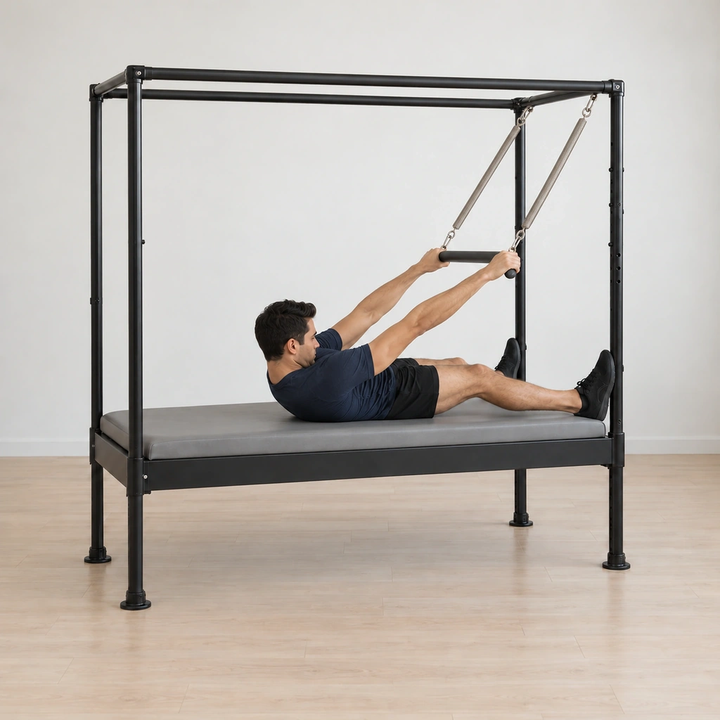 His spine has rounded all the way down toward the table, the knees released toward straight as needed, his feet still pressing the poles and his hands still wide on the travelled bar.