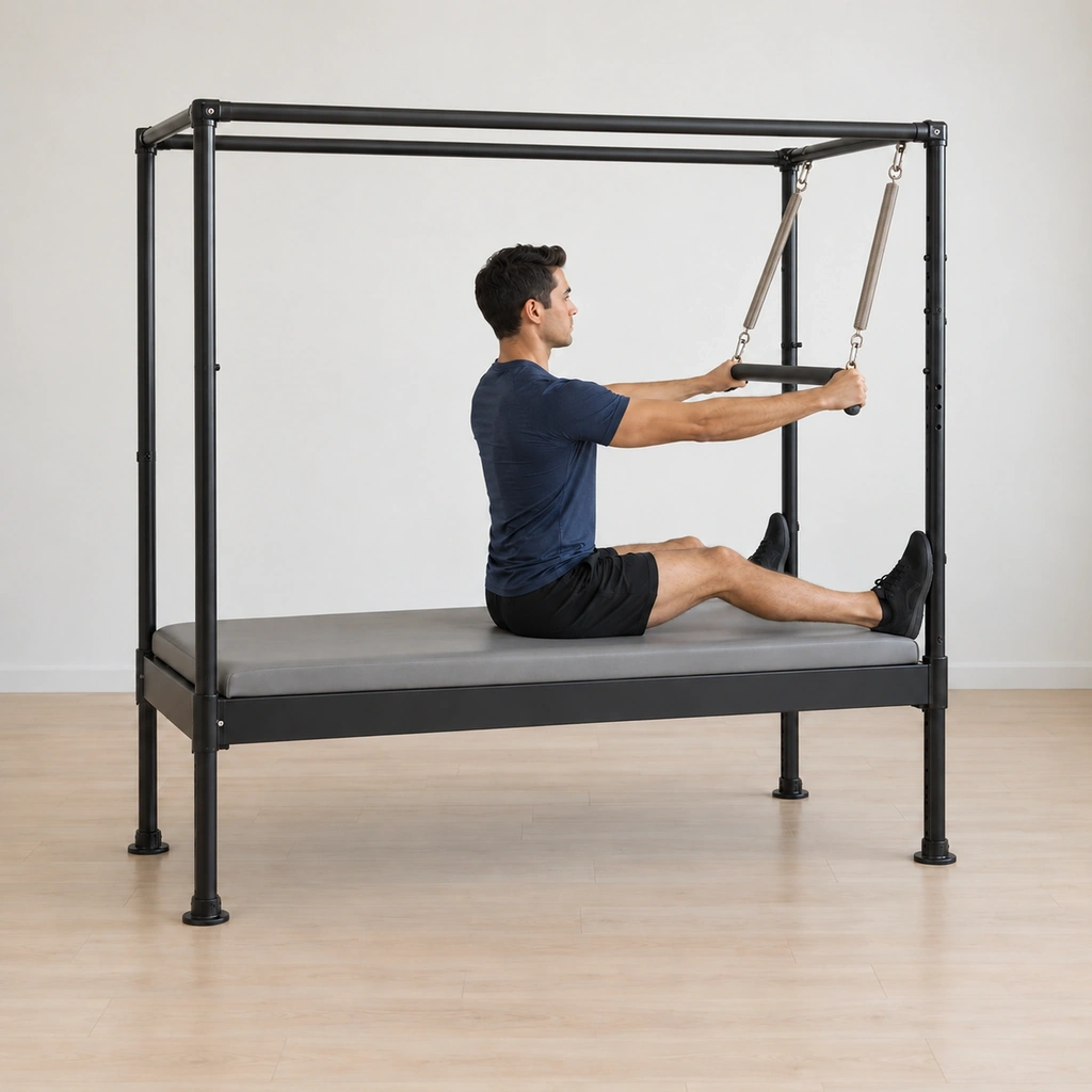 His spine is rounding back up to the tall seat, his shoulders stacking over his hips, his feet still pressing the poles and his hands still wide on the bar.
