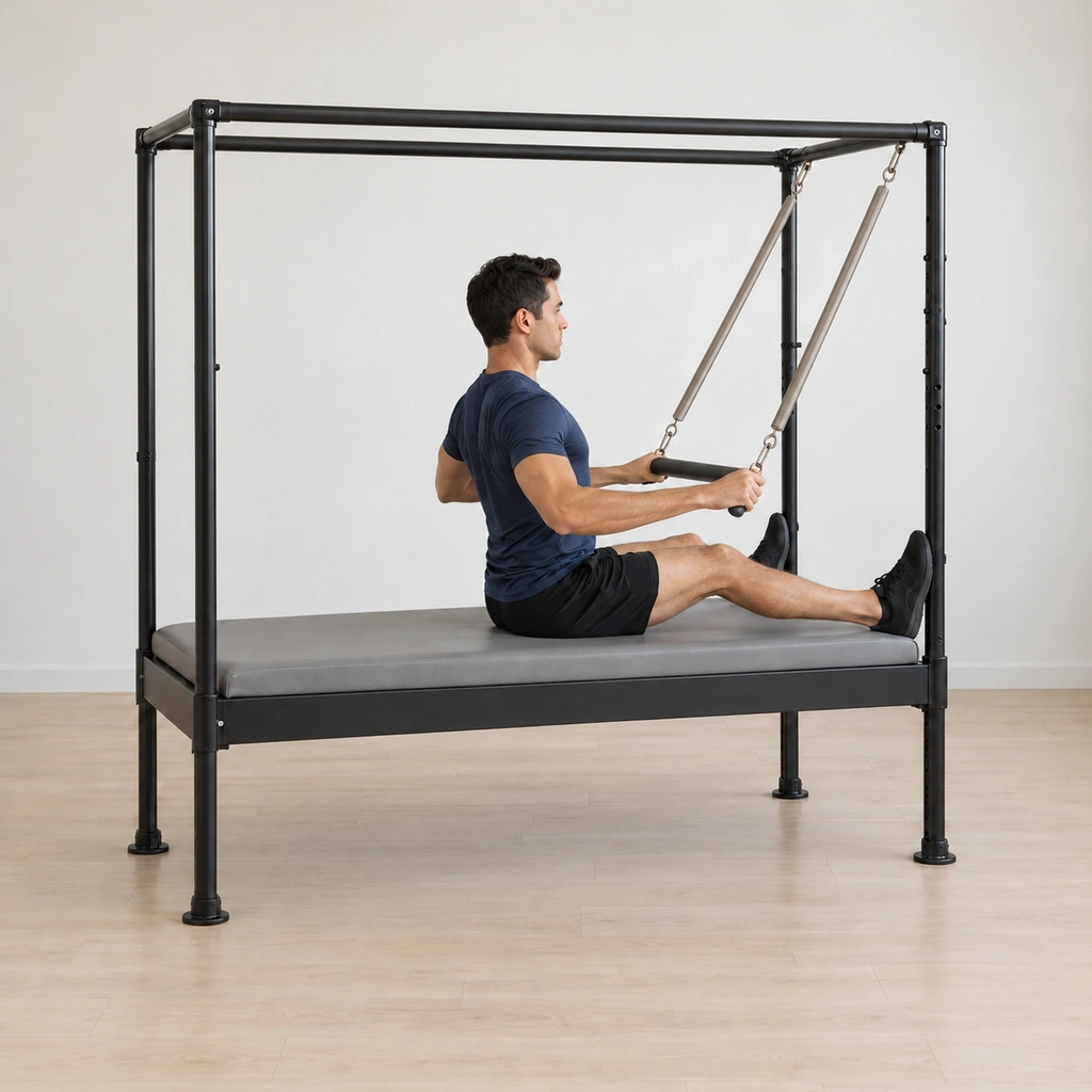 Still seated with his feet on the poles, he reaches the bar forward as his spine stays tall, ready for the pulses or the side stretch next.