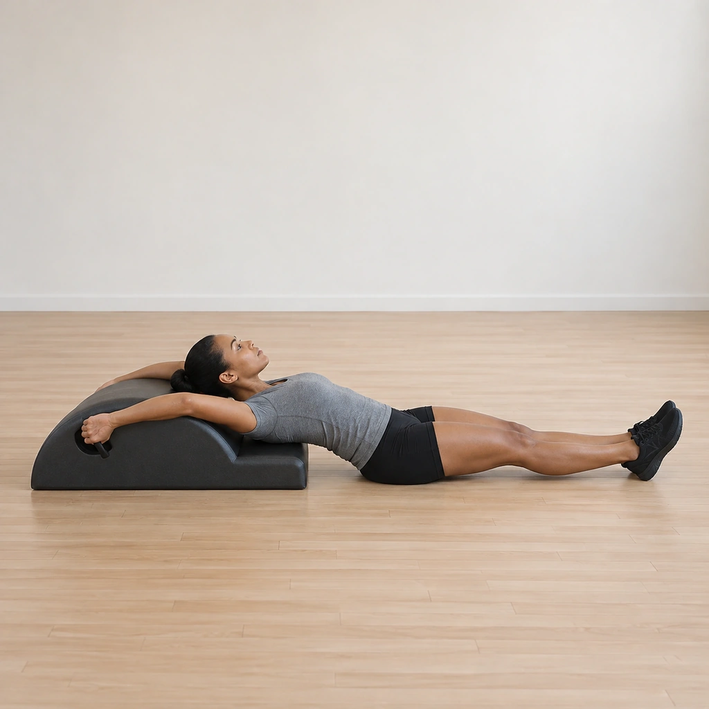 She lies supine with her head touching the spine corrector, both hands reached around and overhead holding the handles, her legs long and hugging together on the mat.