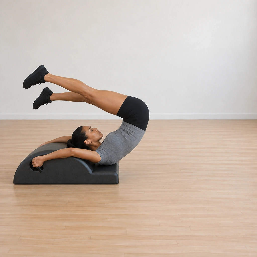 Her legs hold overhead with the ankles flexed, opened to shoulders-distance apart, her gaze up and her hands on the handles.