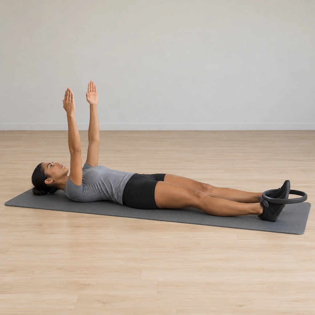 A woman lies on her back on the mat, the magic circle held parallel outside her flexed feet, arms reaching to the ceiling.