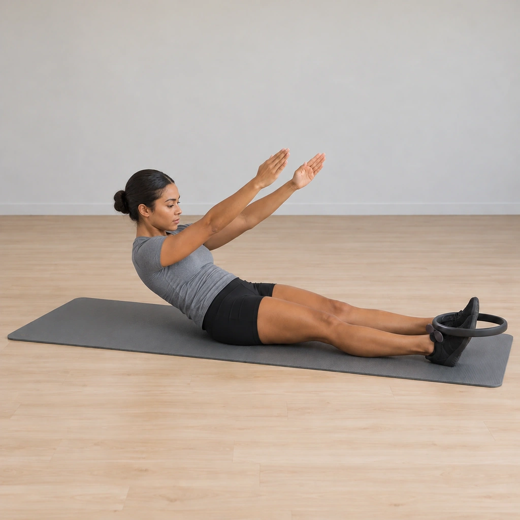 Her head and chest have lifted, rounding forward over her legs, arms reaching with the spine, while her outer thighs press the ring out.