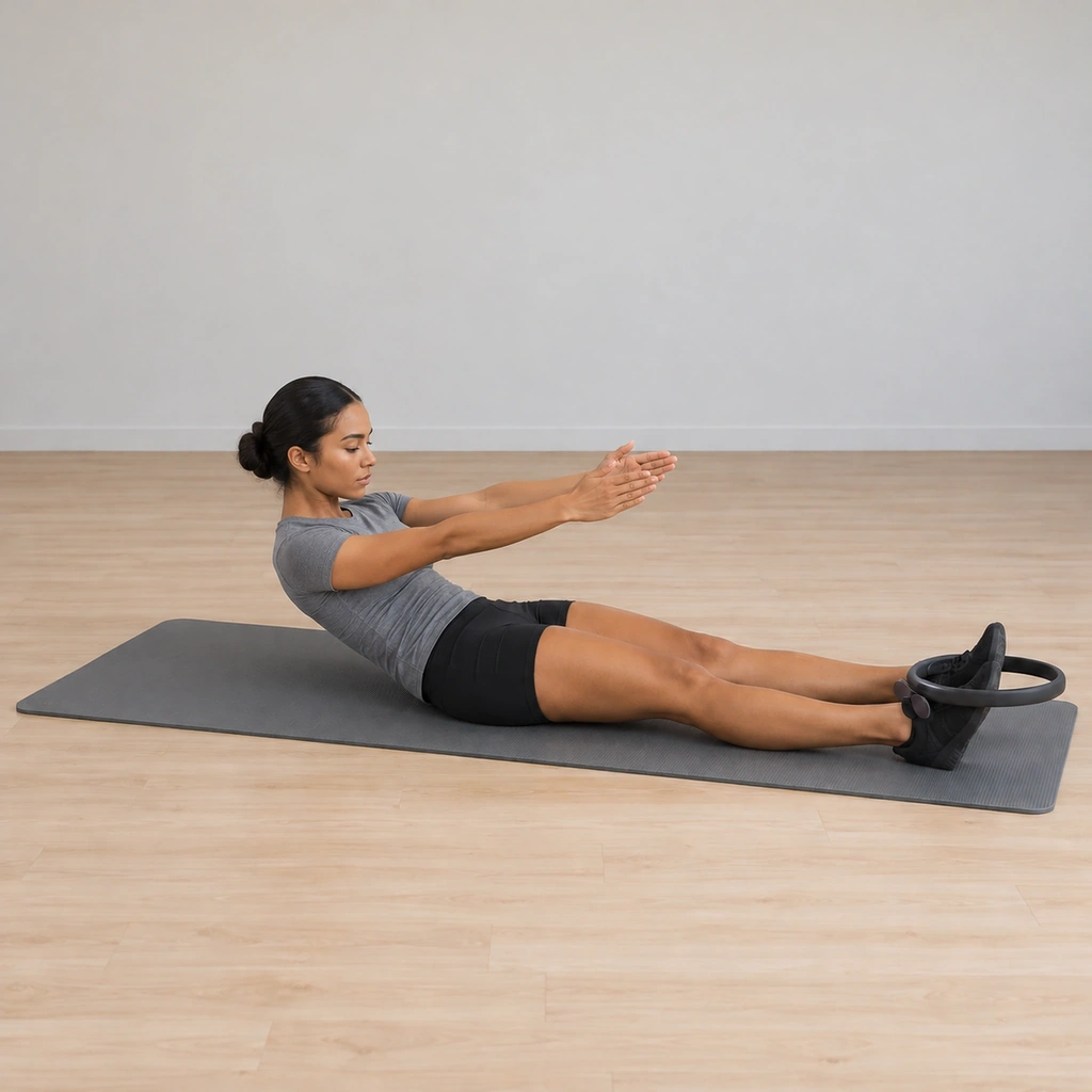 She pulses forward over her legs - the chest reaching forward while the waist pulls back and the ring stays pressed.