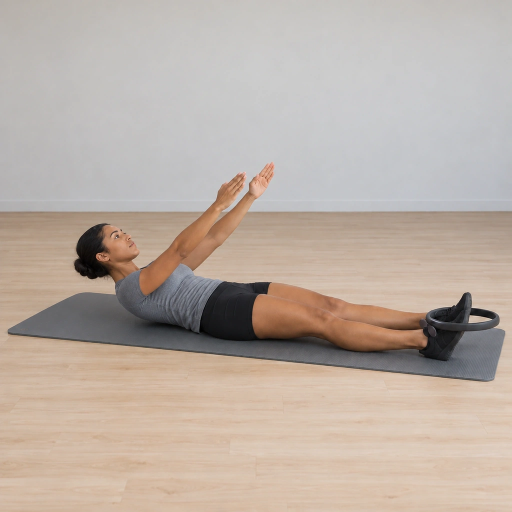 She is rounding her spine back down toward the mat, arms still reaching, the ring still pressed at her feet.