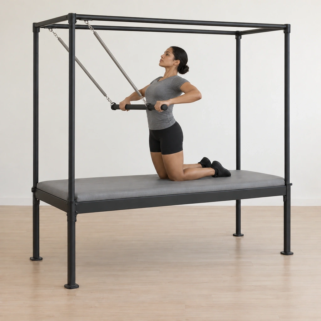 She is drawing the bar up her legs toward her chest, spine extending, elbows pulled wide and back.