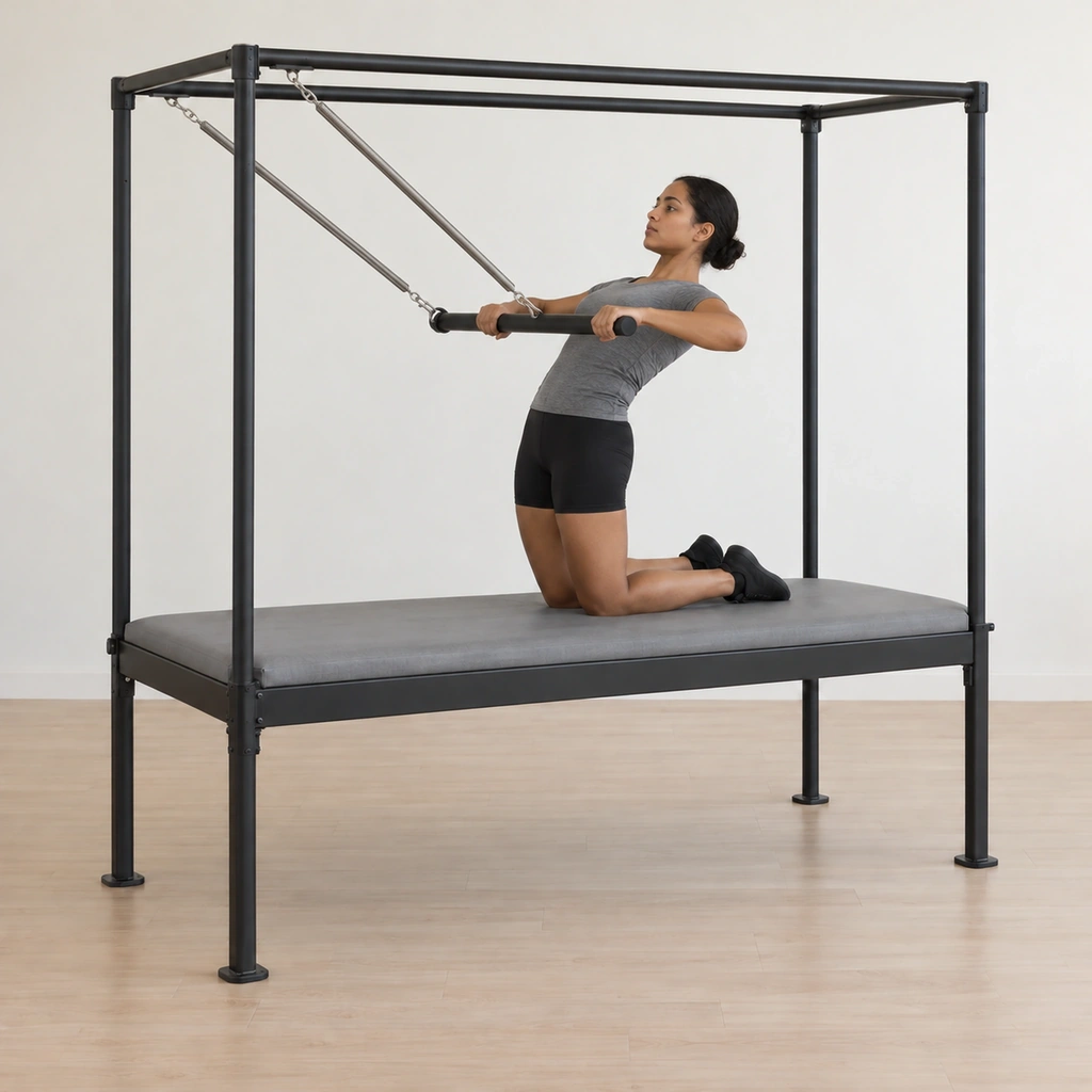 She leans back into the extension with the elbows wide, the bar beginning its path back down her body.