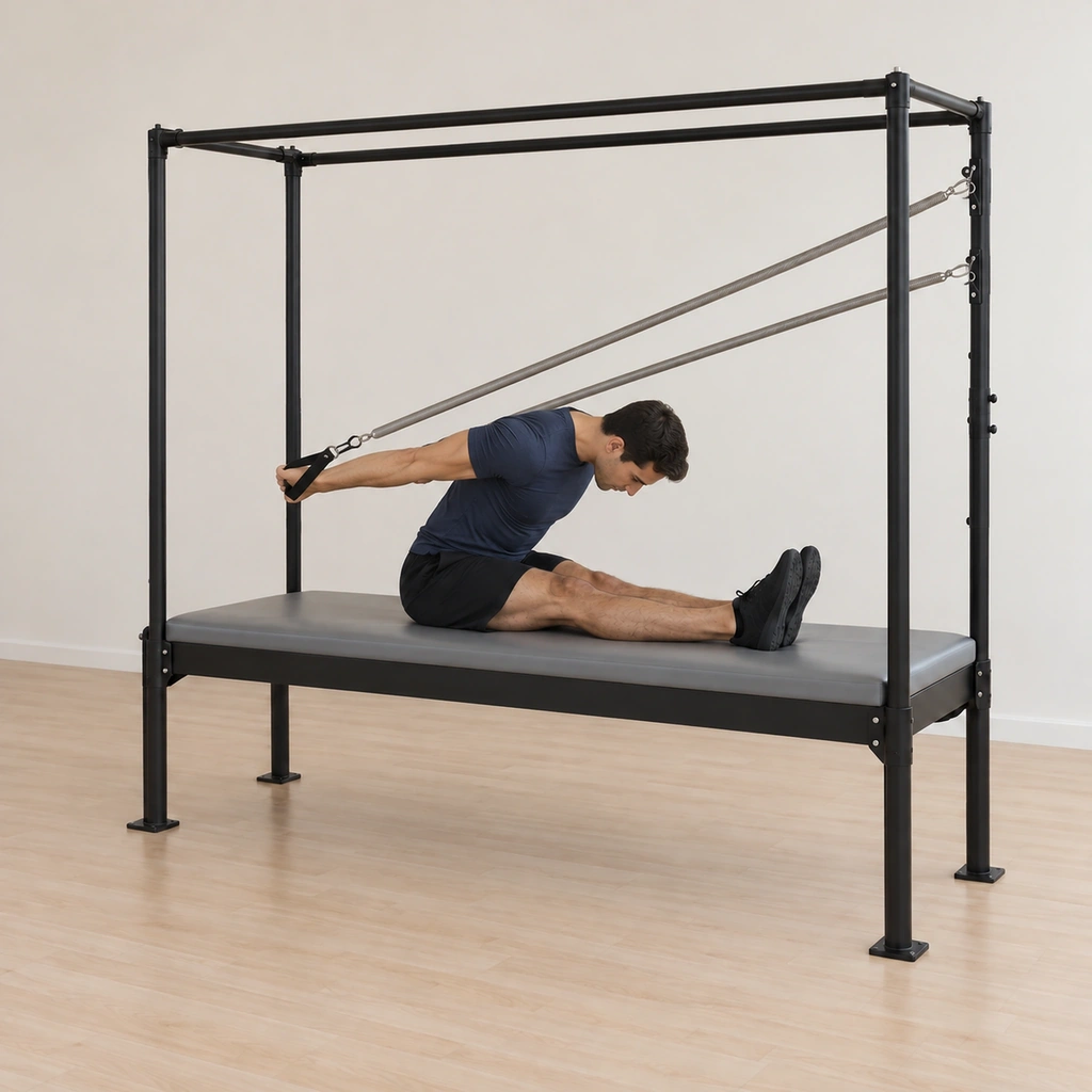 His body rounds up and over his straight legs while his arms reach behind his back, the thumbs angling toward each other to hook.