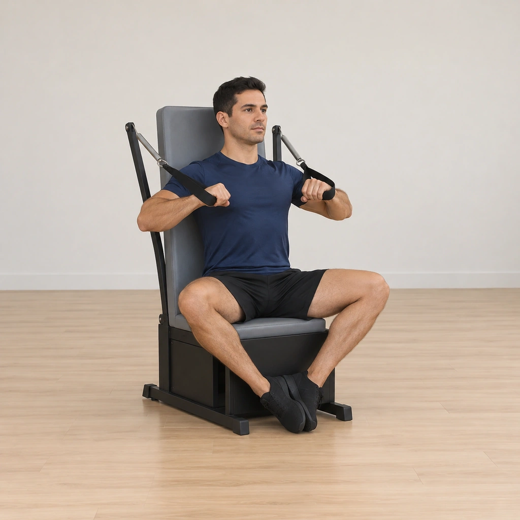 He sits tall with his back on the chair's backrest, the soles of his feet together and knees apart, his elbows bent and both hands at chest height holding the handles.