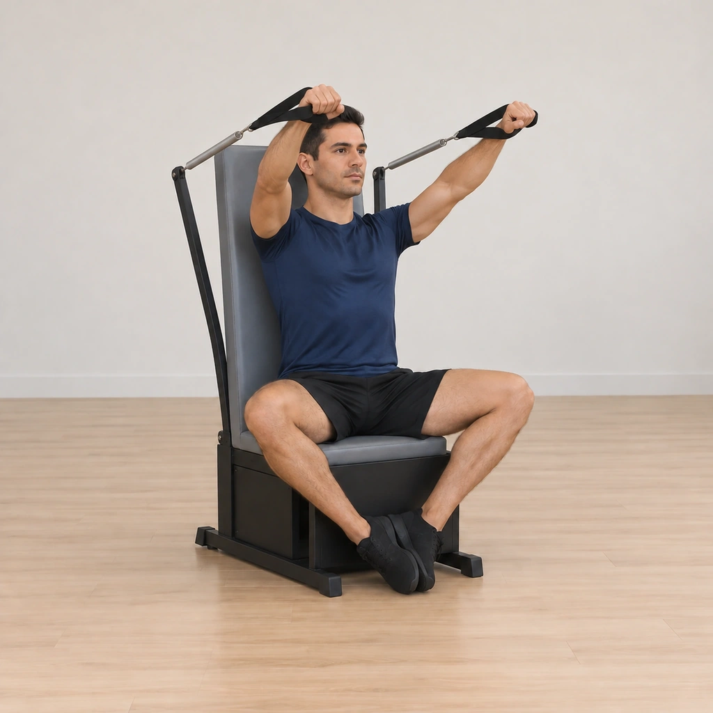 His arms reach forward and up to the high diagonal, nearly straight but not locked, the handles drawn forward at upper-chest height on the diagonal.