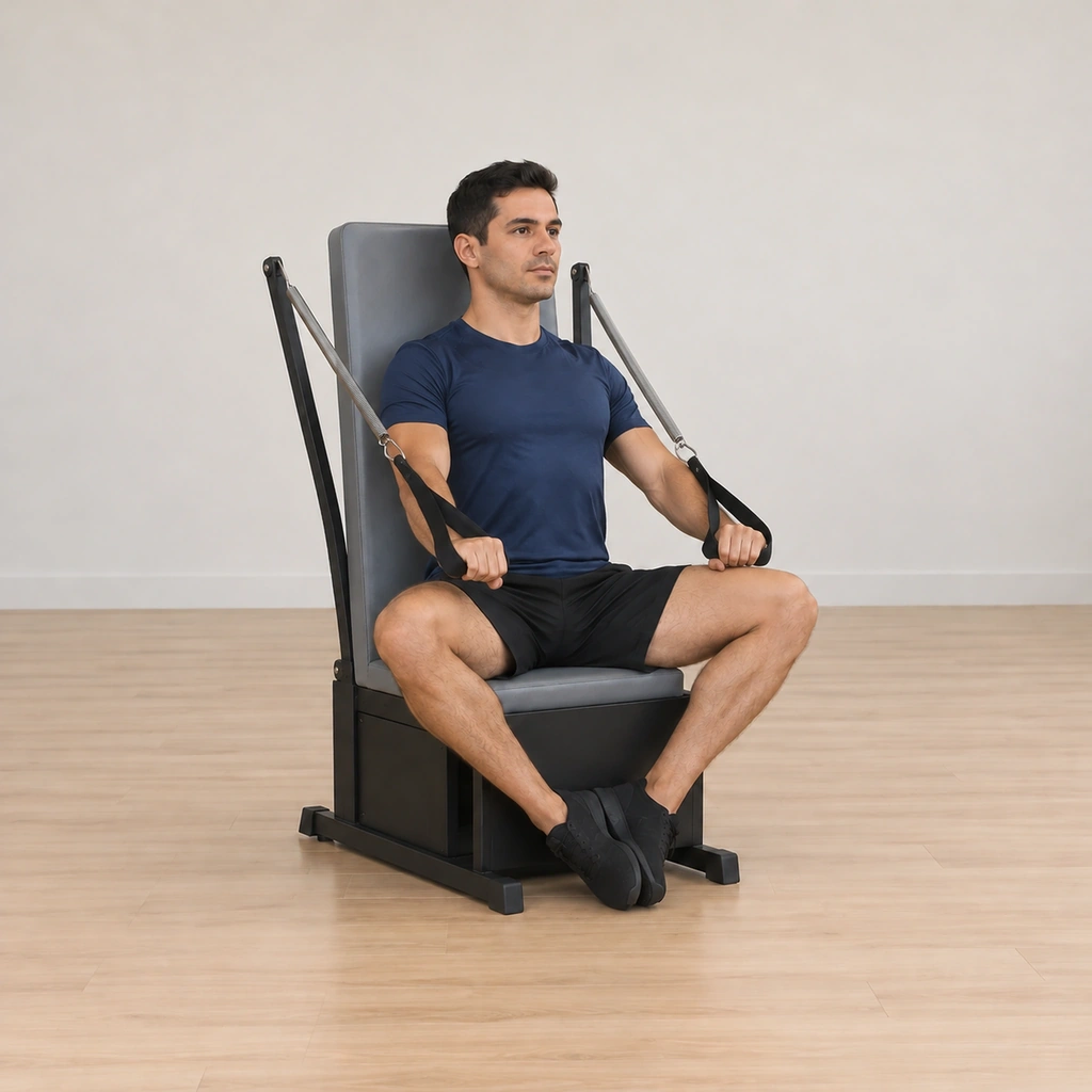 His arms are lowered toward the floor at his sides, still long and straight, his spine tall against the chair and the springs resisting the descent.