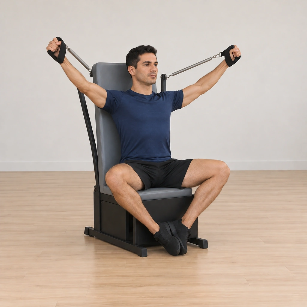 His arms are lifted high and opened wide to the sides, his back still on the chair, his chest broad and his spine grown taller through the finish.