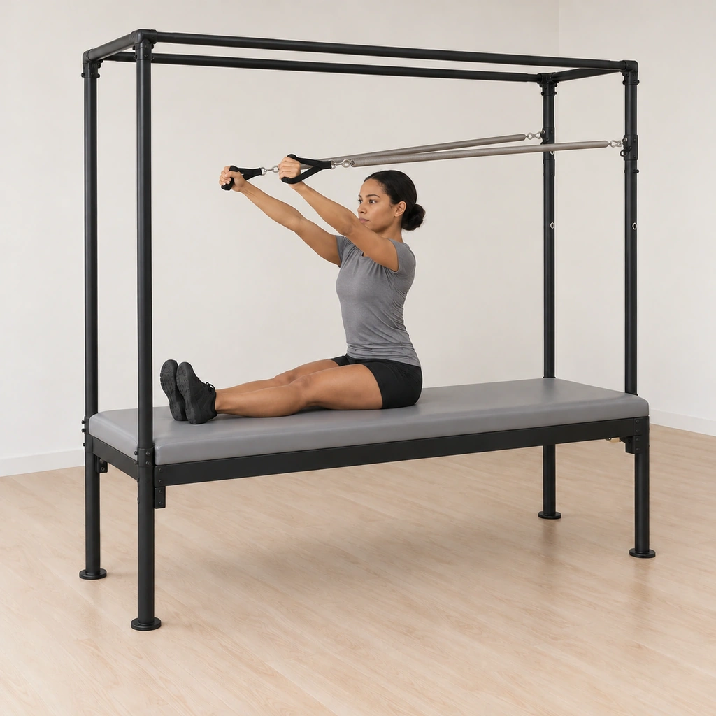Her arms press straight out at a diagonal slightly above her shoulders against the over-arm springs, her trunk still tall.
