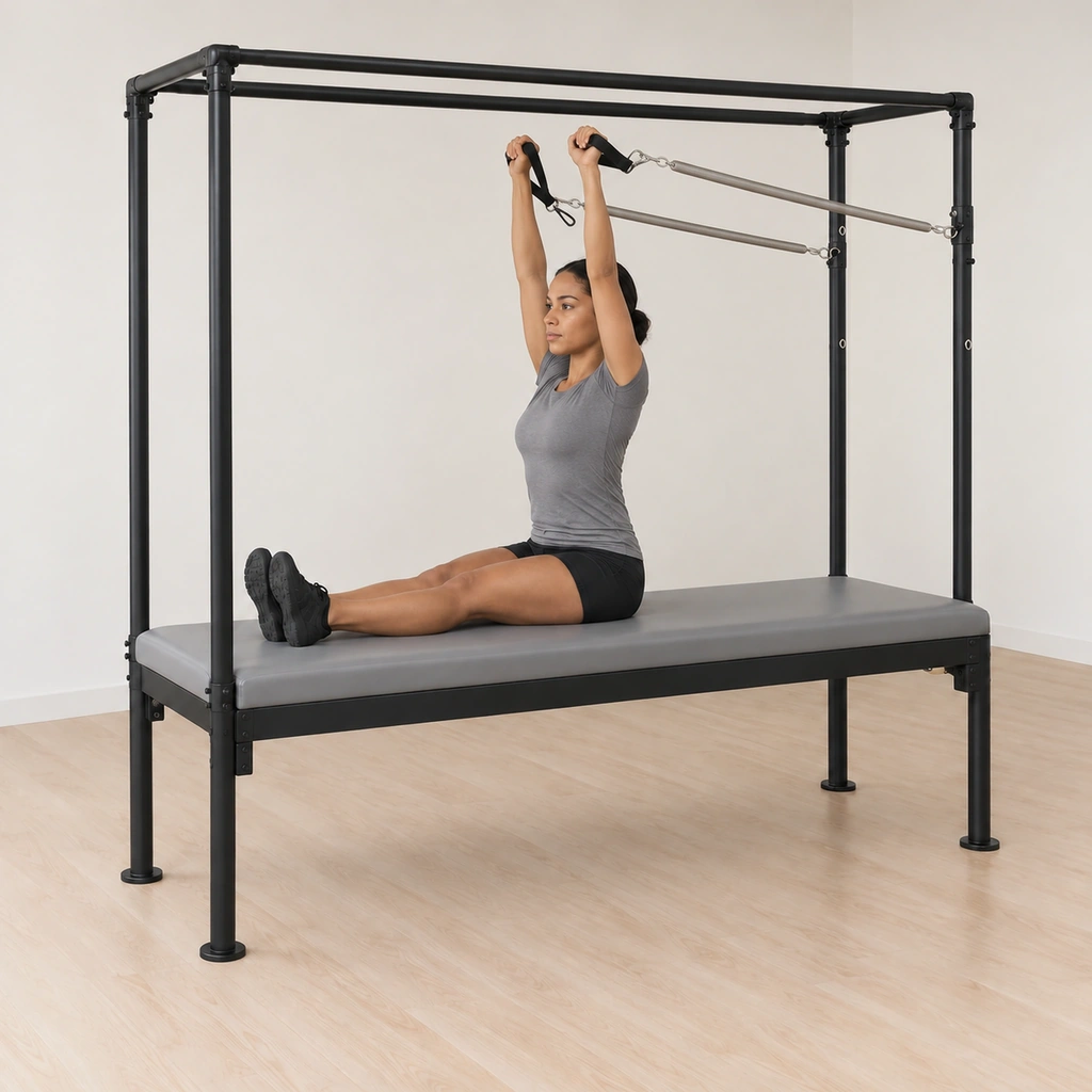 Her straight arms reach up toward the ceiling after sweeping down toward the mat, her center holding her tall against the springs' backward pull.