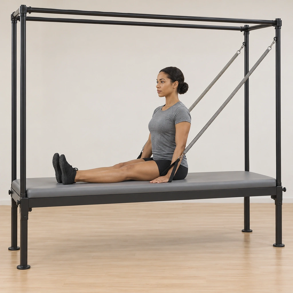 She sits tall on the cadillac table with her back to the arm-spring end, her legs long and together with the ankles flexed, a handle in each hand with the springs running over the tops of her arms, and her hands on the mat either side of her hips.