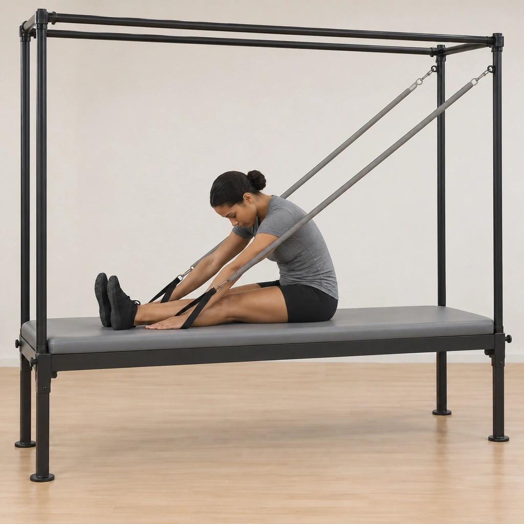 Her spine is rounded up and over her legs while her hands and handles slide low along the mat toward her feet, her arms staying low and reaching from her back, her legs still long and flexed.