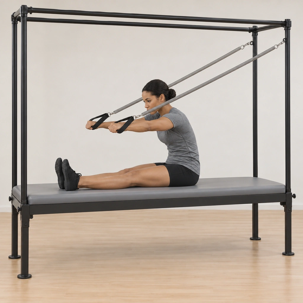 Her spine is still rounded as her arms lift off the mat to shoulder level, reaching from her back with the springs drawn, her legs long and her trunk low over her legs.