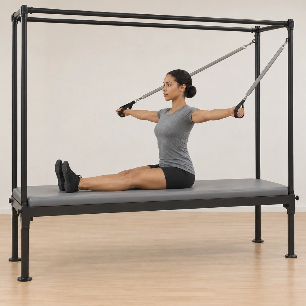 She sits tall with her shoulders over her hips and her arms reaching up, the arms opening wide to the sides to press down against the springs, her legs still long and together on the table.