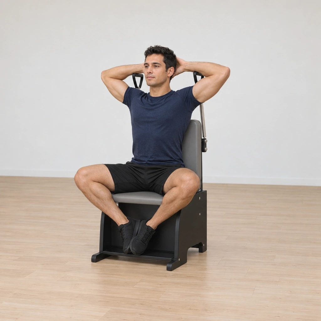 A man sits in the arm chair with his back against the tall backrest, soles of his feet together and knees wide, hands clasped in a diamond shape behind his head, elbows wide, holding the two handles.