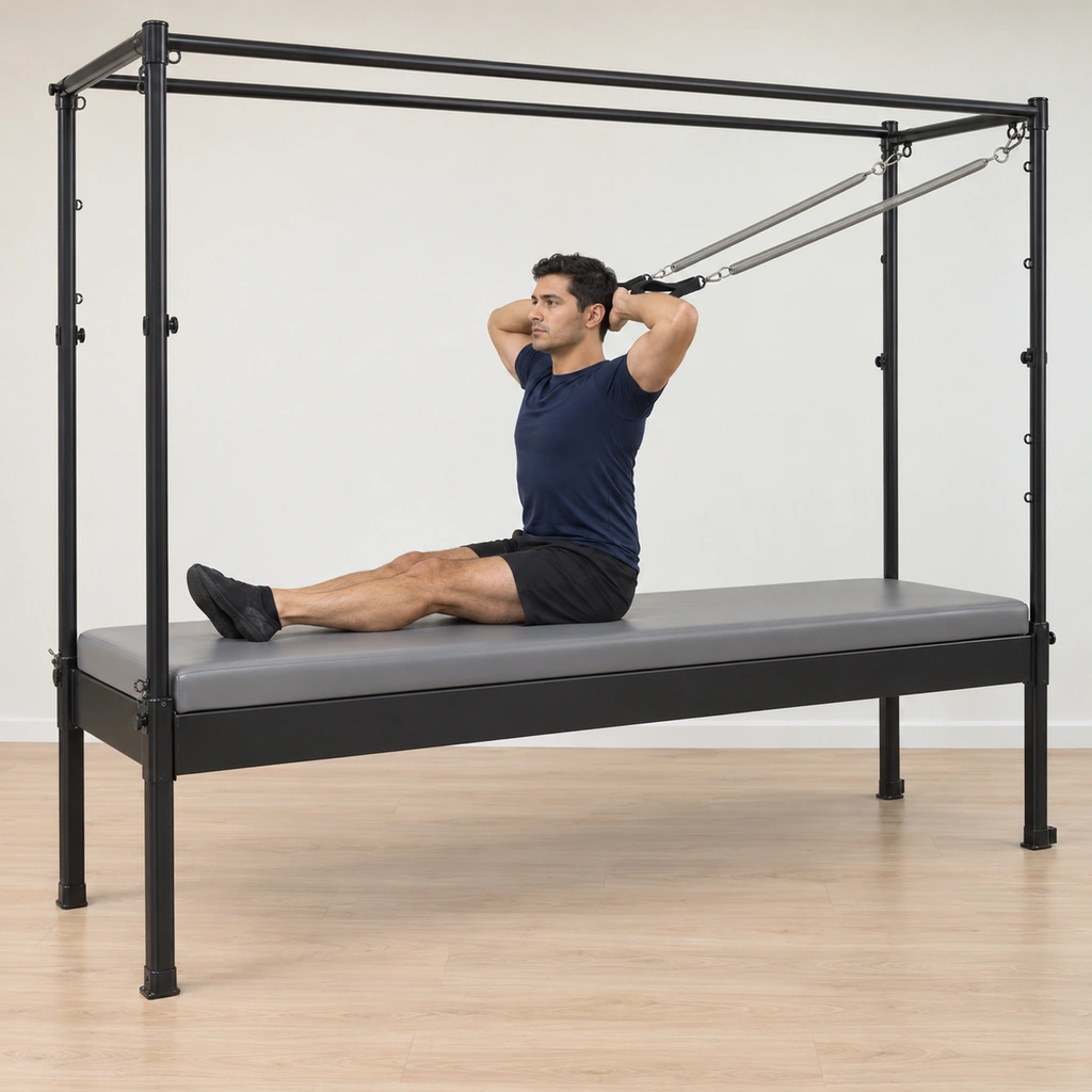 Rowing 5 Shave With Arm Springs on the Pilates Cadillac - Step 1: Sit tall with your back to the springs, ankles crossed and blade-sides pressing the mat, hands behind your head with elbows wide.