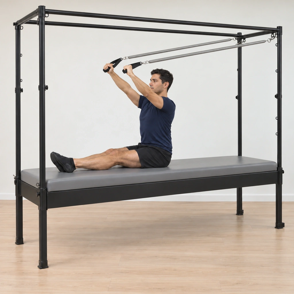 His arms have reached up and slightly forward from behind his head, the springs drawn long, his spine still tall and his crossed ankles still pressing the mat.