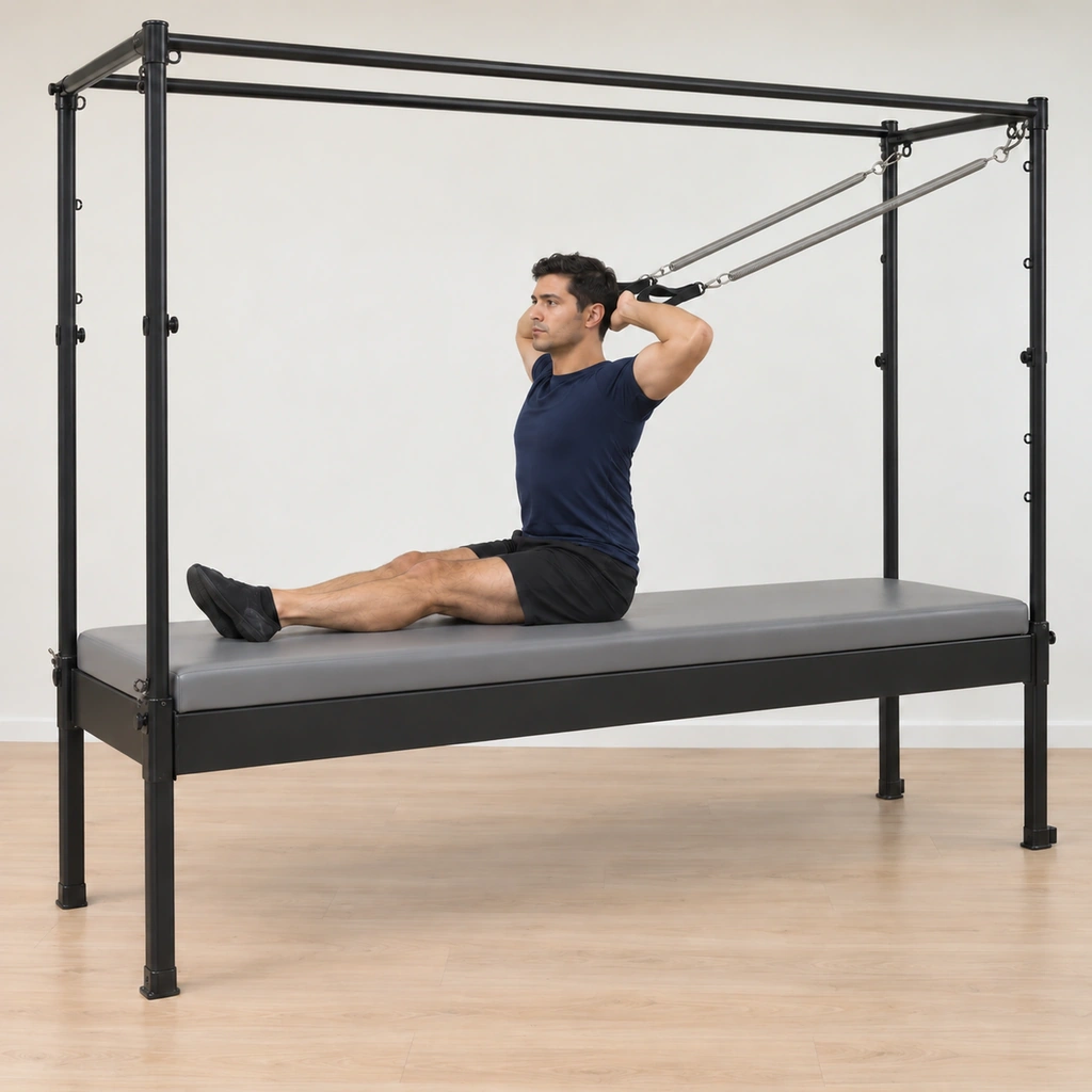 His elbows are bending to resist the springs closing back toward behind his head, the seat still tall, the ankles still crossed and pressing and the trunk still upright.