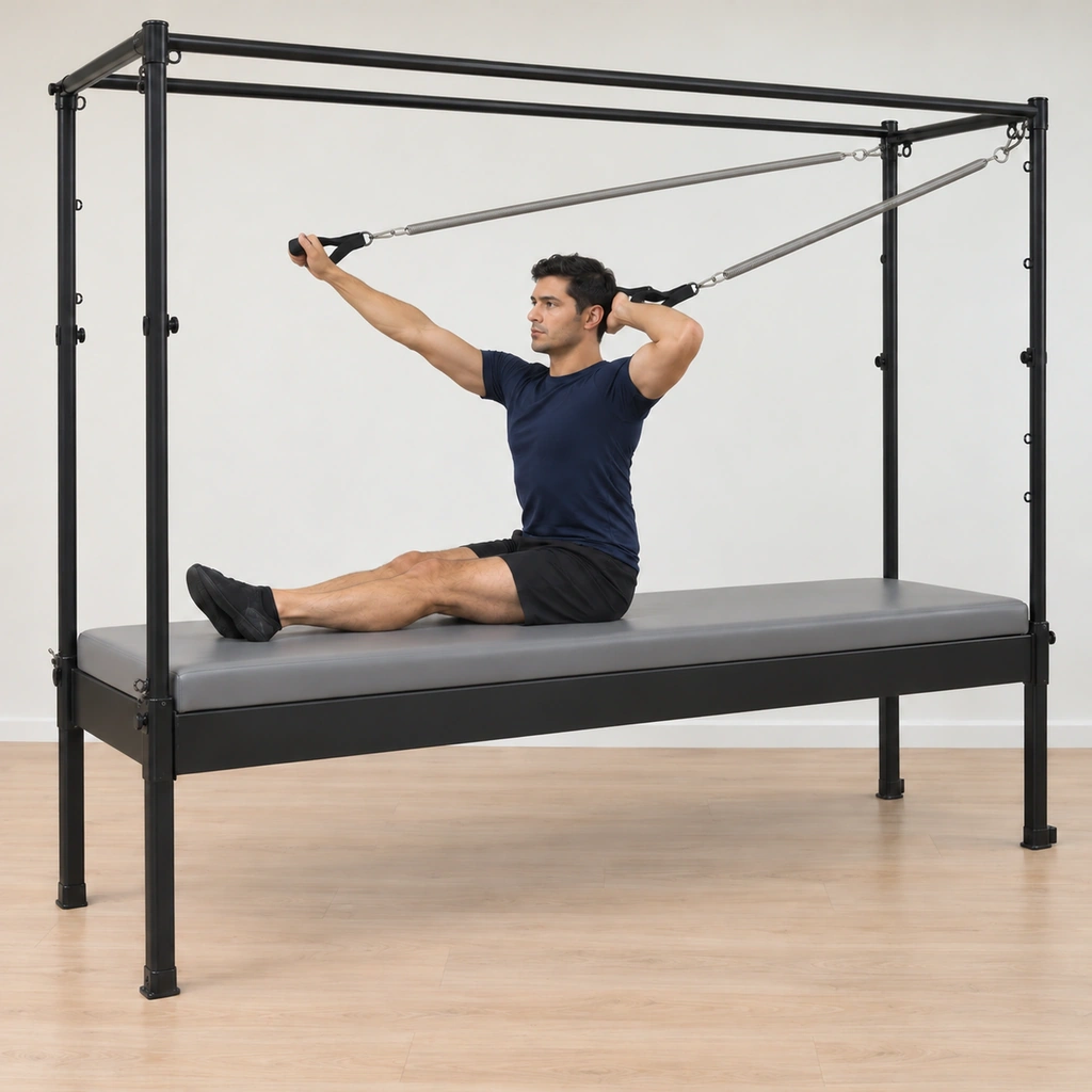 Still seated tall with the crossed ankles pressing, he performs the single-arm option: one arm reaching up and slightly forward while the other hand stays behind his head, the springs working each side separately.